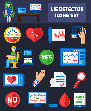 Set color icons with dark background on theme of lie detection using different methods for websites presentation vector illustration