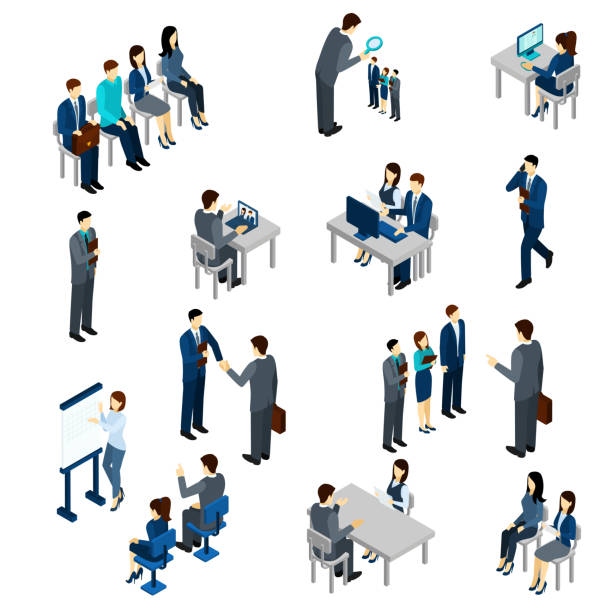 ilustraciones, imágenes clip art, dibujos animados e iconos de stock de reclutamiento de personas isométricas - waiting businessman teamwork business