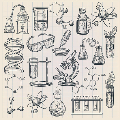 Chemistry icon in doodle style with burner flask dna structure and formulas of organic substances isolated vector illustration