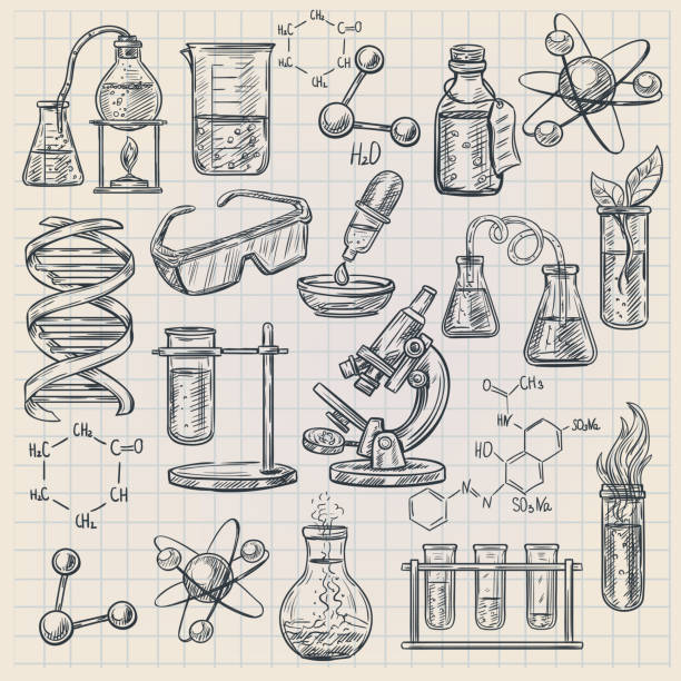 chemistry icon sketch Chemistry icon in doodle style with burner flask dna structure and formulas of organic substances isolated vector illustration alchemy symbols stock illustrations