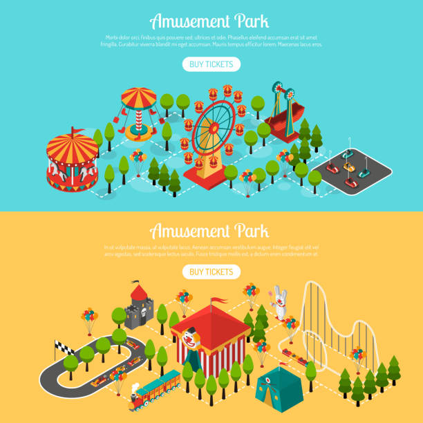 ilustraciones, imágenes clip art, dibujos animados e iconos de stock de atracción bandera isométrica - amusement park illustrations