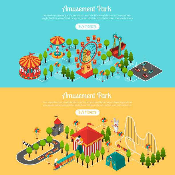 ilustrações de stock, clip art, desenhos animados e ícones de attraction isometric banner - amusement park illustrations