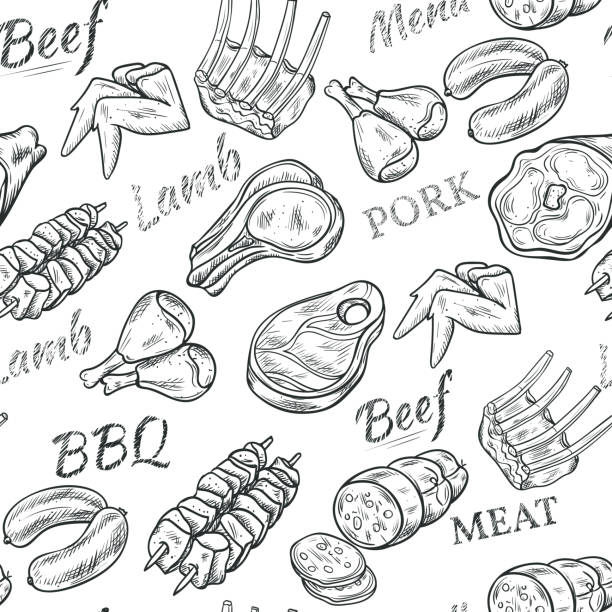 sketch meat Meat black white sketch seamless pattern with beef and pork vector illustration meat patterns stock illustrations