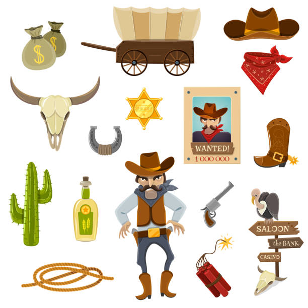 cowboy Cowboy icons set with dynamite skull and horseshoe cartoon isolated vector illustration officer boots stock illustrations