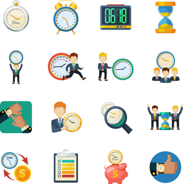 ilustraciones, imágenes clip art, dibujos animados e iconos de stock de icono de gestión del tiempo plana - time savings currency pig