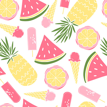 Summer food. Hand drawn fruits and ice cream. Vector  seamless pattern.