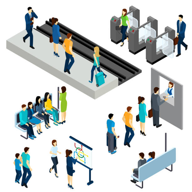 underground people isometric set Metro underground station isometric icons composition poster with  passengers entering platform through the ticket barrier abstract vector illustration central european time stock illustrations