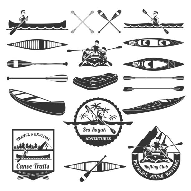 rafting canoeing kayak elements black Sea kayak adventures emblems and extreme river rafting equipment elements black icons composition abstract isolated vector illustration using a paddle stock illustrations