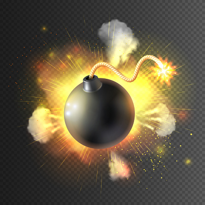Boom little round bomb exploding with festive light clouds against black background icon print abstract vector illustration