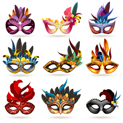 Mask realistic icons set with feathers and jewels isolated vector illustration