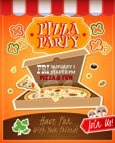 ilustraciones, imágenes clip art, dibujos animados e iconos de stock de cartel de pizza - pizza party