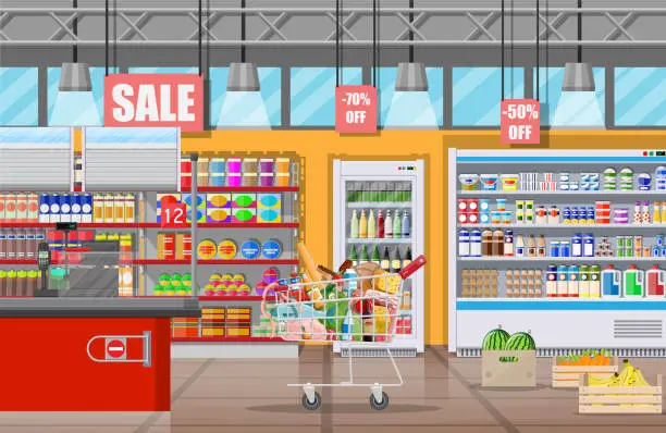 Vector illustration of Supermarket store interior with goods.