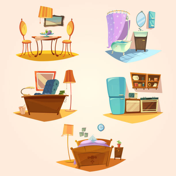 interior cartoon retro set Interior cartoon retro set with vintage furniture isolated vector illustration retro 1950s kitchen stock illustrations