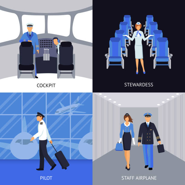 ilustrações de stock, clip art, desenhos animados e ícones de stewardess and pilot design concept - cabin crew pilot airport walking