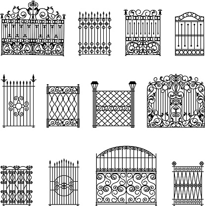 Decorative black white fences set with gates flat isolated vector illustration