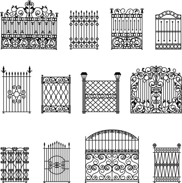 decorative fences set Decorative black white fences set with gates flat isolated vector illustration wrought iron stock illustrations