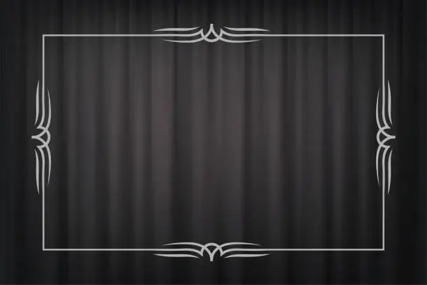 Vector illustration of Vintage border in silent film style isolated on dark grey curtain background. Vector retro design element.