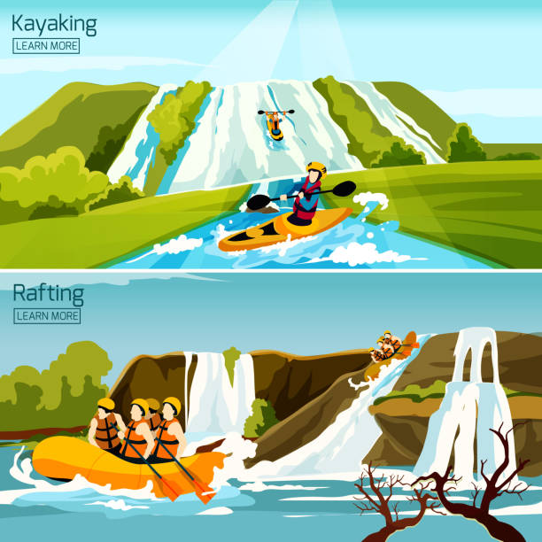 ilustrações de stock, clip art, desenhos animados e ícones de rafting canoeing kayaking compositions - rafting on a mountain river