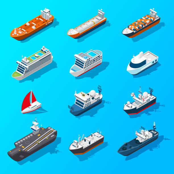 ships boats isometric Ships motorboats sailing yachts and passenger vessels isometric icons set on water surface banner isolated vector illustration vector ferry stock illustrations