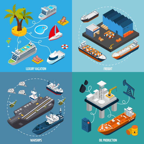 illustrazioni stock, clip art, cartoni animati e icone di tendenza di navi barche isometriche 2x2 - isometric nautical vessel yacht sailboat