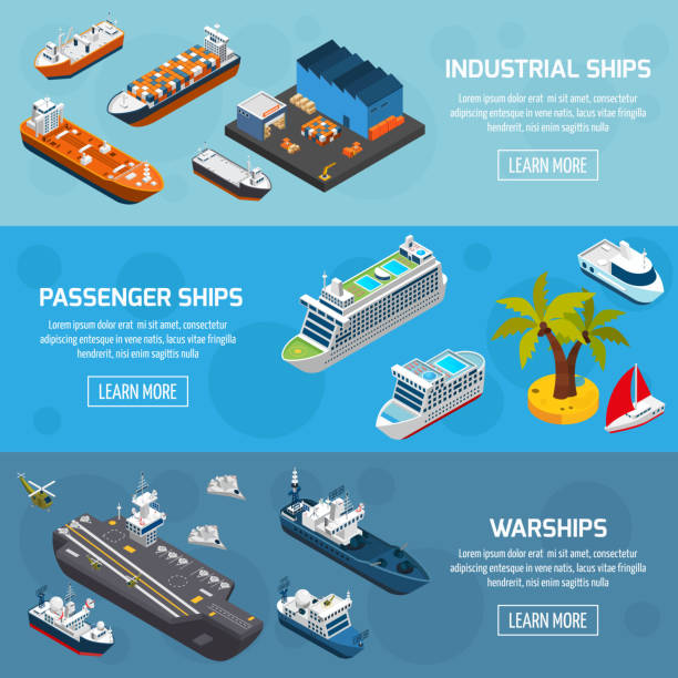 ships boats isometric banners Passenger cruise liners industrial tankers and military warships 3 isometric horizontal banners set abstract isolated vector illustration ferry passenger stock illustrations