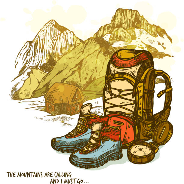 hiking illustration Trendy hand drawn hiking poster with boots compass and backpack on mountains landscape background vector illustration hiking drawings stock illustrations