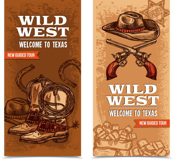 cowboy banners Wild west vertical banners with cowboy accessories and crossed pistols on template background hand drawn vector illustration texas cowboy stock illustrations