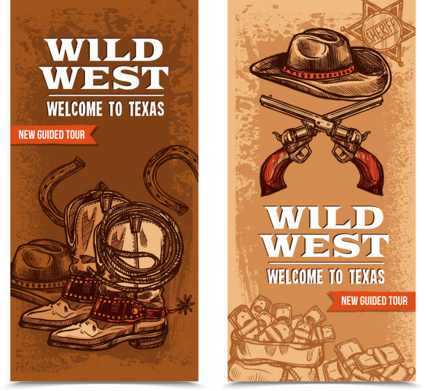 cowboy banners Wild west vertical banners with cowboy accessories and crossed pistols on template background hand drawn vector illustration officer boots stock illustrations