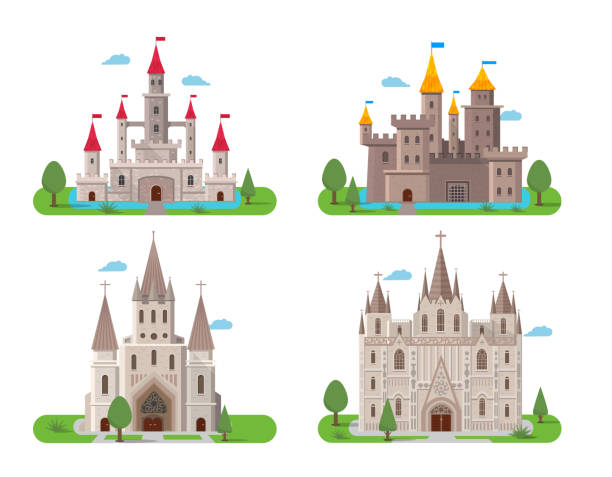 ilustraciones, imágenes clip art, dibujos animados e iconos de stock de castillos antiguos medievales templos - castle fairy tale palace forest