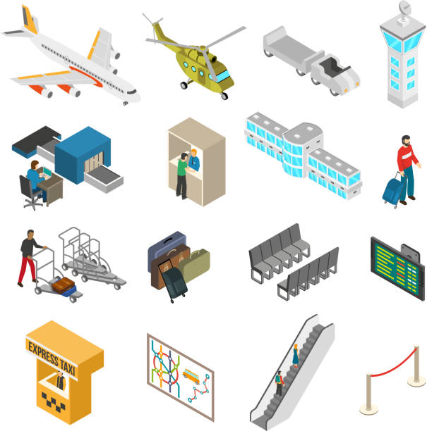 ikony lotnisk - airport isometric airport security x ray stock illustrations