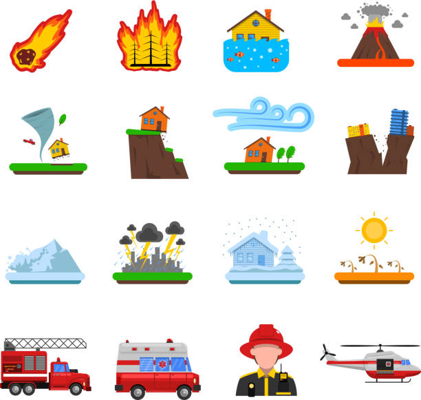 illustrazioni stock, clip art, cartoni animati e icone di tendenza di disastro - natural disaster weather symbol volcano