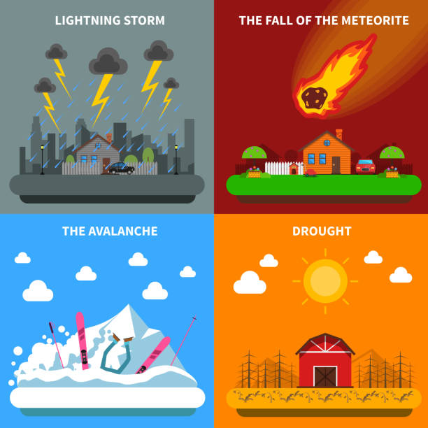 illustrazioni stock, clip art, cartoni animati e icone di tendenza di concetto di disastro - natural disaster weather symbol volcano