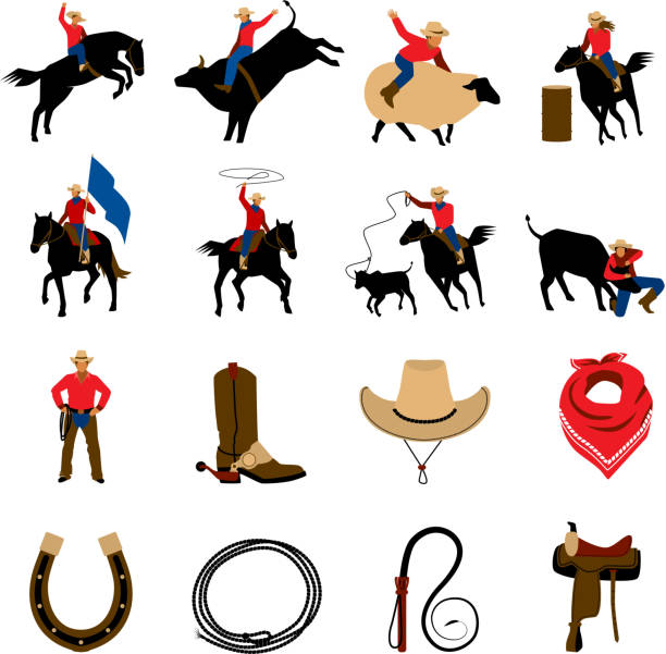 rodeo-symbole flach - rodeo lasso cowboy horse stock-grafiken, -clipart, -cartoons und -symbole