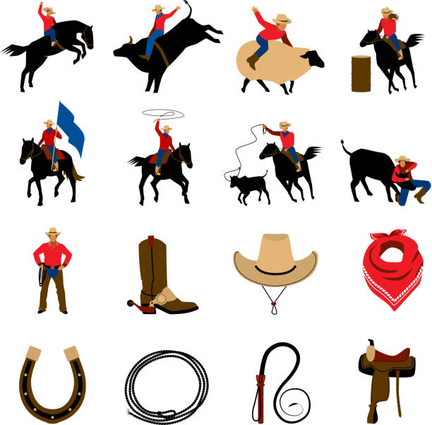 illustrazioni stock, clip art, cartoni animati e icone di tendenza di rodeo icone piatto - cowboy horse lasso rodeo