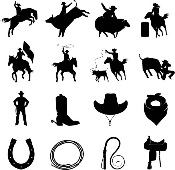 rodeo icons black Rodeo black icons with cowboys silhouettes riding on bulls and wild horses and rodeo accessories isolated vector illustration rodeo stock illustrations