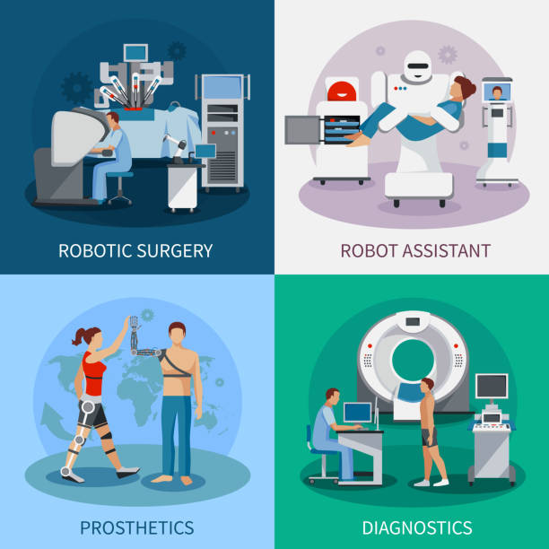 illustrazioni stock, clip art, cartoni animati e icone di tendenza di chirurgia robotica bionica 2x2 - chirurgia robotica