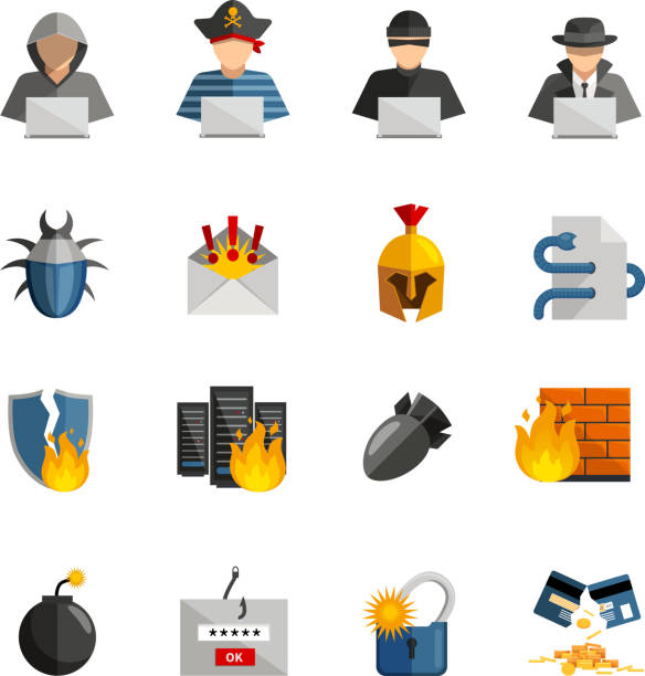 hacker icons flat Hacker flat color icons set of bug firewall worm phishing  signs and broken credit card isolated vector illustration agent nasty stock illustrations