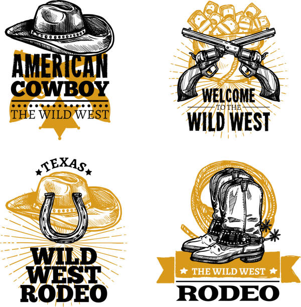 cowboy emblems Set of cowboy colored isolated retro  emblems in wild west style  vector illustration texas illustrations stock illustrations