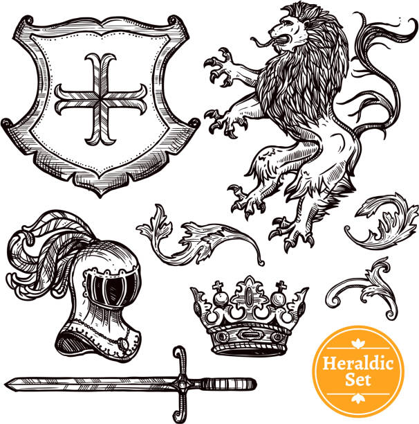 스케치 헤럴드 세트 - lion coat of arms shield backgrounds stock illustrations