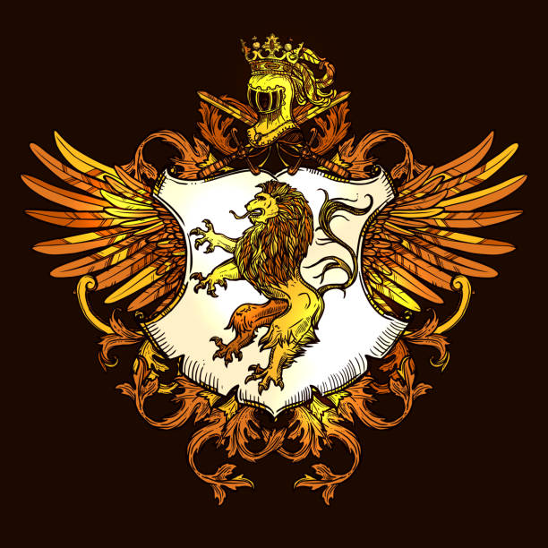 클래식 헤럴드 로얄 엠블럼 - crown gold coat of arms king stock illustrations