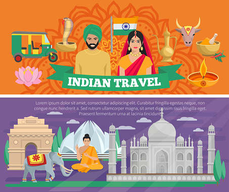 Indian travel banners with architecture and elements of culture isolated vector illustration