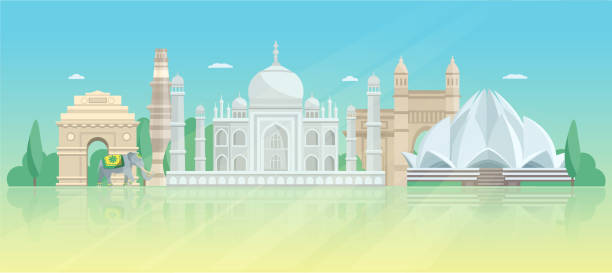 ilustrações, clipart, desenhos animados e ícones de índia skyline flat - lotus mahal