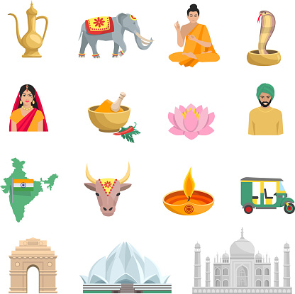 India flat icons set with symbols of culture and religion isolated vector illustration