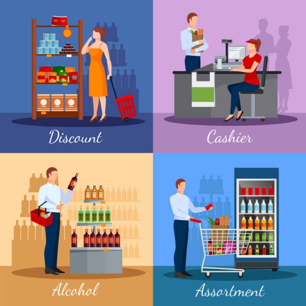 supermarket flat 2x2 Assortment of products in supermarket with areas discounts and payment isolated vector illustration buying liquor stock illustrations