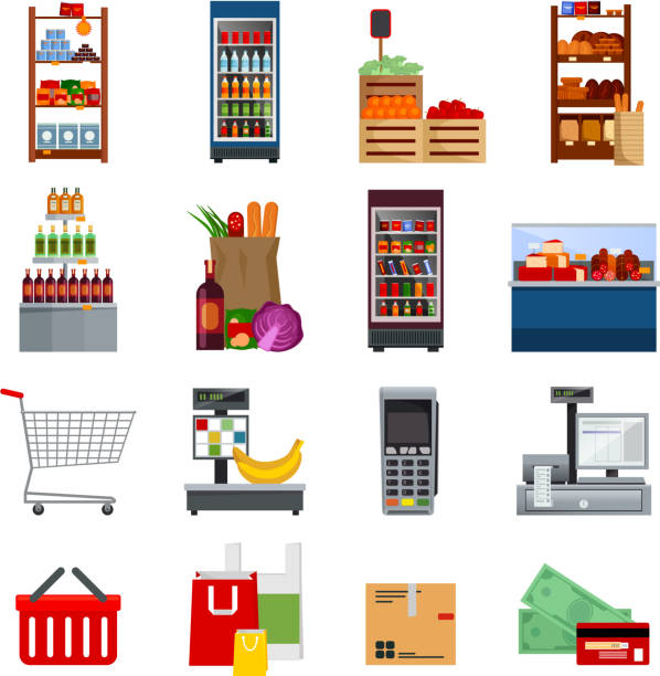 supermarket flat icons Supermarket decorative flat icons set with money and cards bags refrigerators purchases payment equipments isolated vector illustration buying liquor stock illustrations