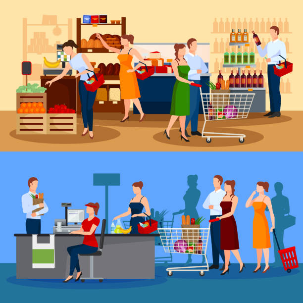 supermarket flat compositions Customers of supermarket compositions with choice of products and queue to cashier isolated vector illustration buying liquor stock illustrations
