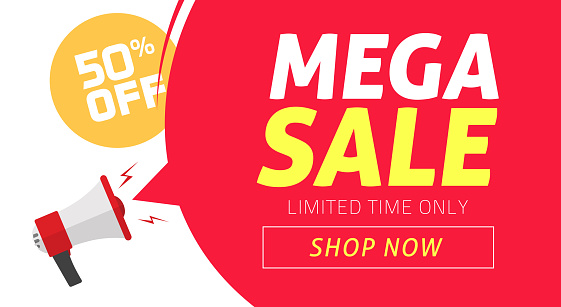Mega sale banner design with 50 off price discount offer tag and megaphone announce vector illustration, flat clearance promotion or special percent deal off web coupon template or flyer