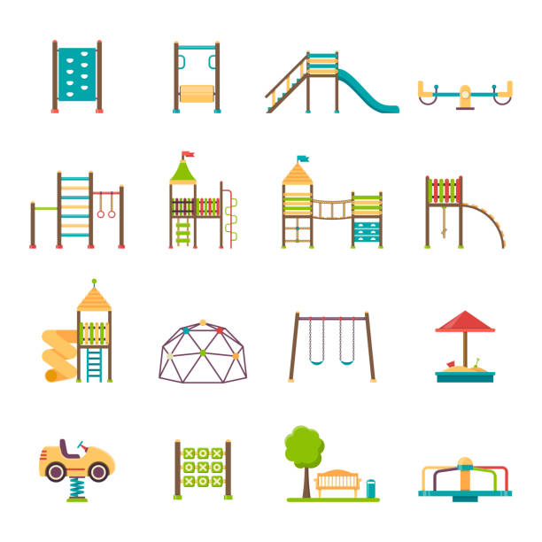 playground flat icons Playground flat icons set with swing carousels slides and stairs isolated vector illustration outdoor play equipment stock illustrations