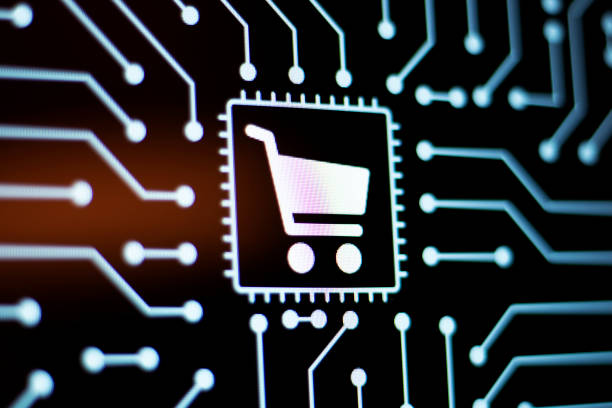 istock Technology Background and Circuit Board With Shopping Cart icon. Close-Up Computer Screen Concept. 1201129496