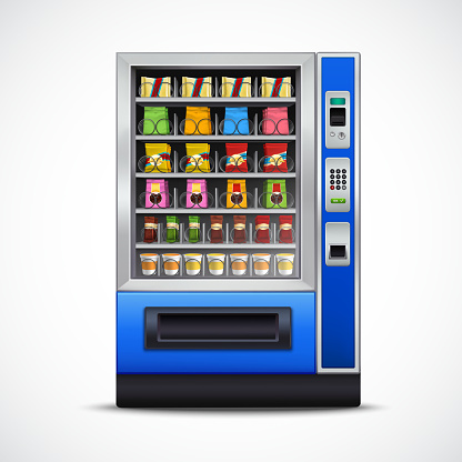 Realistic snacks vending machine with nuts chips sandwiches chocolates and beverages on white background isolated vector illustration